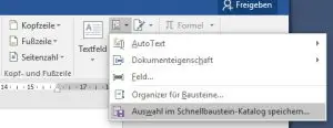 Ein Nahaufnahme-Screenshot, der ein Dropdown-Menü in einer Textverarbeitungssoftware mit Optionen auf Deutsch zeigt, darunter Elemente wie „Autotext“ und „Dokumenteigenschaft“, geeignet für Office-T