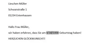 Das Bild zeigt eine kurze, getippte deutsche Nachricht, möglicherweise aus einer E-Mail oder einem Office-Tipps-Dokument, die sich wie ein informeller Geburtstagsgruß an eine Person namens Lieschen Müller liest. Der Text beinhaltet